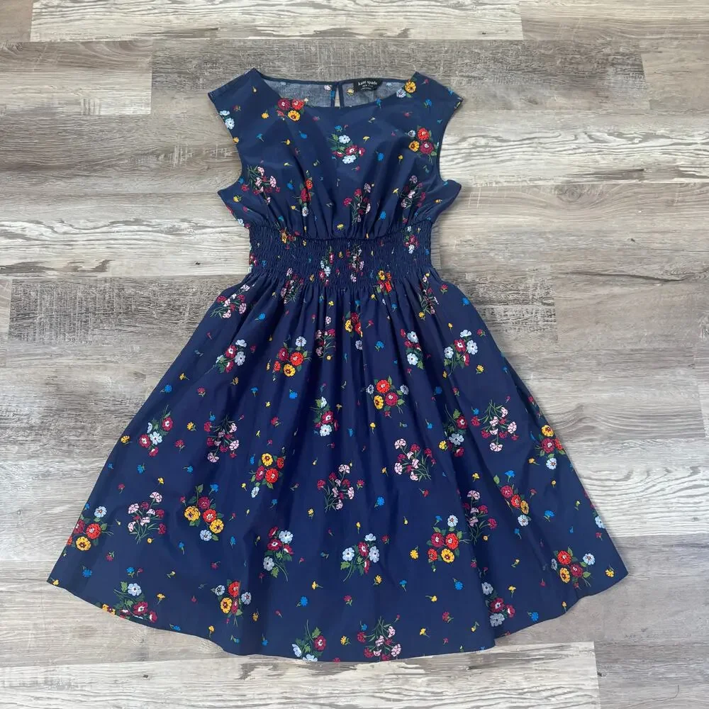 NWT Kate Spade Bouquet Toss Blaire Navy Floral Smocked Cotton Dress Large